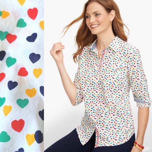 Talbots Classic Cotton Button Up Shirt Multicolor Ditsy Hearts Print size MP - Picture 1 of 8